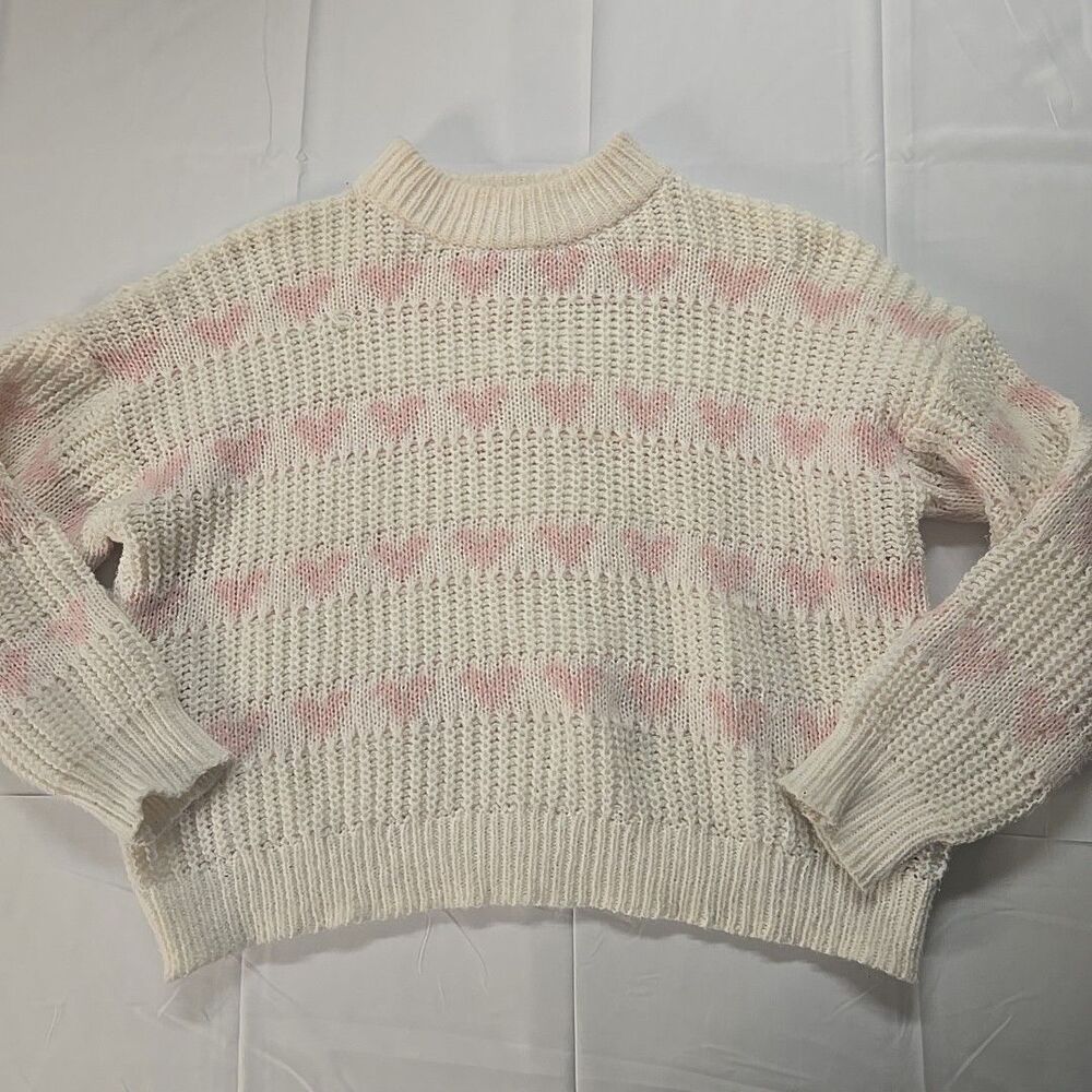 Chunky Knit Heart Sweater Women XL Plus Size White Pink Cotton Grandma Cottage